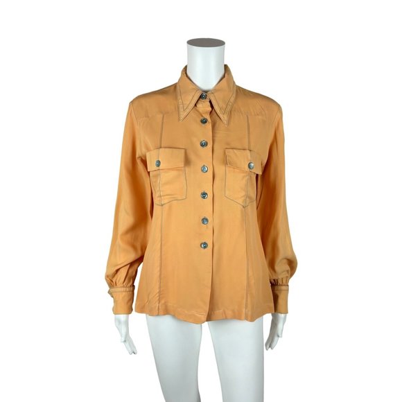 Vintage 60s Peach Blouse Women's Medium Gray Dagger Collar Long Sleeve Button Do - Picture 1 of 12